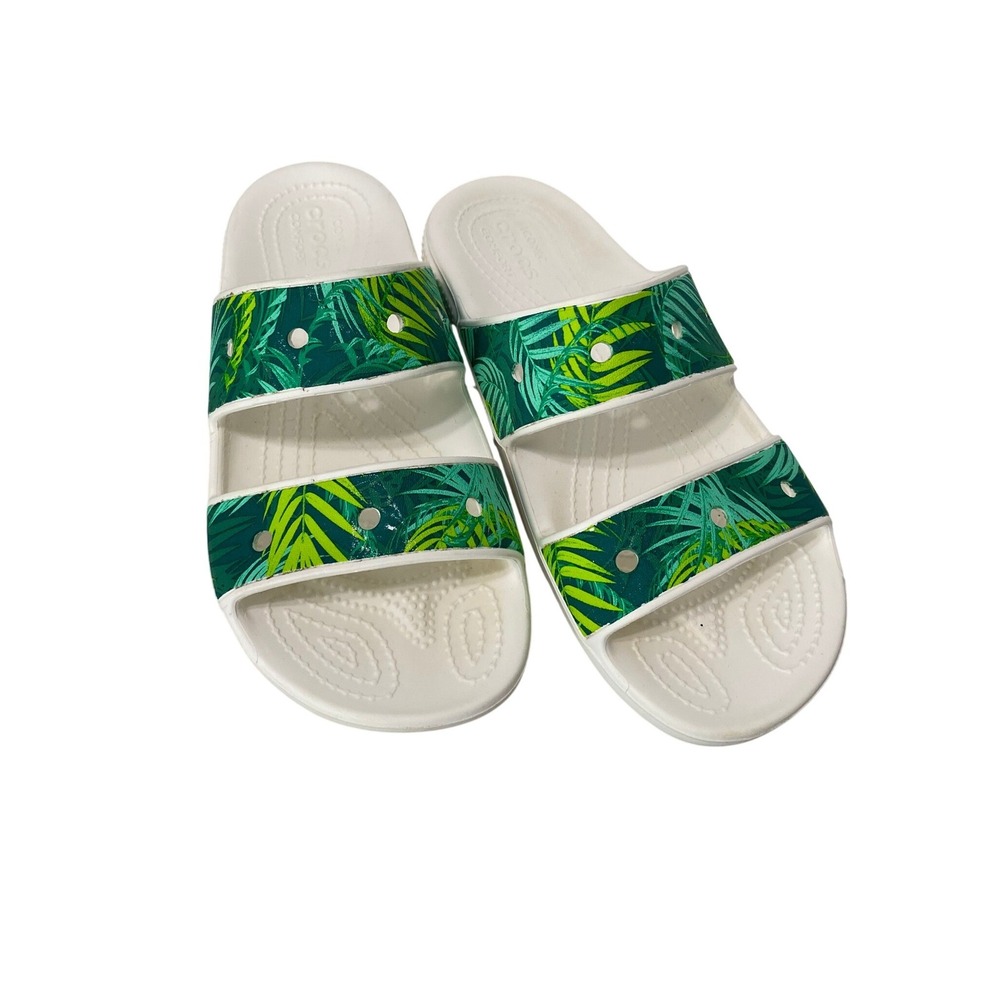 Crocs Classic Sandal Womens 7 Mens 5 White Green Tropical Palm Leaf Two Strap